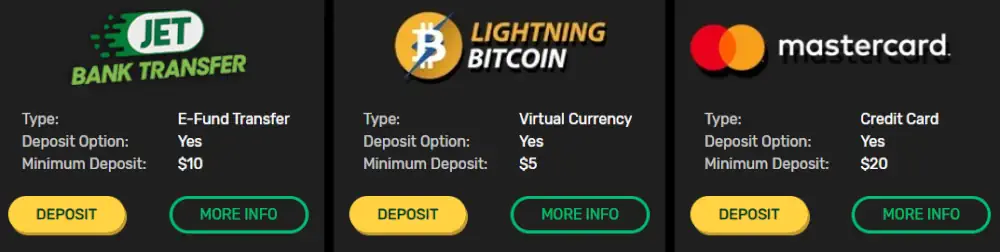 OZwin banking options including Bitcoin, JET, and Mastercard